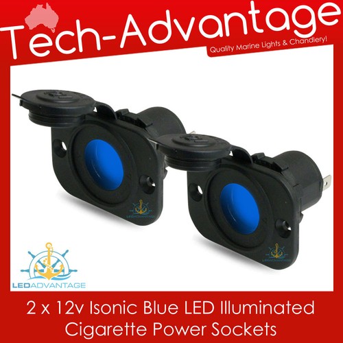 2 X 12V FLUSH MOUNT BLUE LED ILLUMINATED POWER SOCKET PLUG - BOAT/MARINE/CARAVAN - Afbeelding 1 van 4