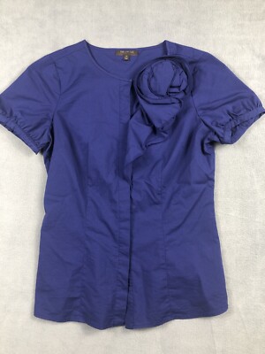 The Limited Womens XS Blue Top Ruffle 3D Flower Button Up Shirt Blouse Short Slv