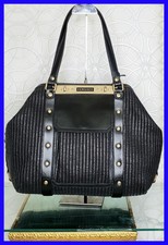 Vintage Versace Woven Print Black Leather Brushed Gold Tone Hardware Handbag