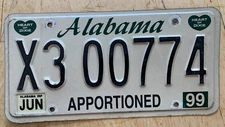 1999 ALABAMA APPORTIONED SEMI IRP PRO RATE LICENSE PLATE " X3 00774 " AL 99