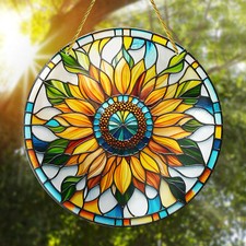Acrylic Sunflower Window Hanging Suncatcher Stained Glass Style Circular Decor