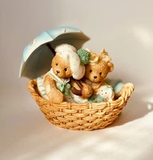 Cherished Teddies 1991 “Beth & Blossom” Bears in Basket W/Umbrella Figurine New