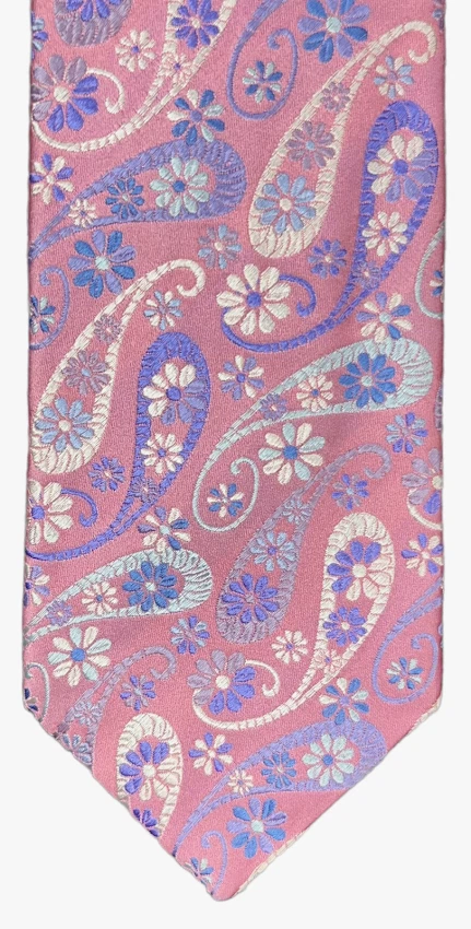 Gravata de seda DUCHAMP rosa paisley multicolorida com flores minúsculas alto brilho - Excelente estado usado - Imagem 3 de 4