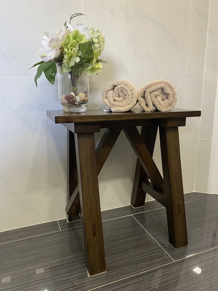 Vtg Pottery Barn Lexie Mahogany Wood Bath/Bedroom Stool Vanity Bench Foot Rest - Image 4 of 4