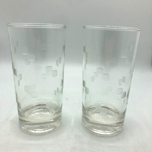 2 Vintage 1950's Libbey Glass Windsor Tall Drinking Tumbler Etched Squares