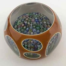 Perthshire 1981H Amber Overlay Closepack Complex Millefiori Faceted Paperweight