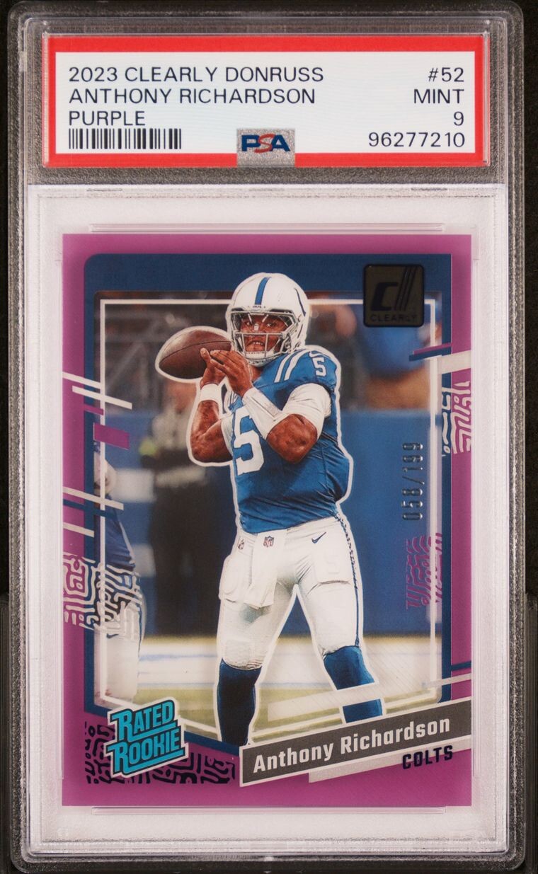 2023 Panini Clearly Donruss #52 Anthony Richardson Purple 58/199 PSA MINT 9