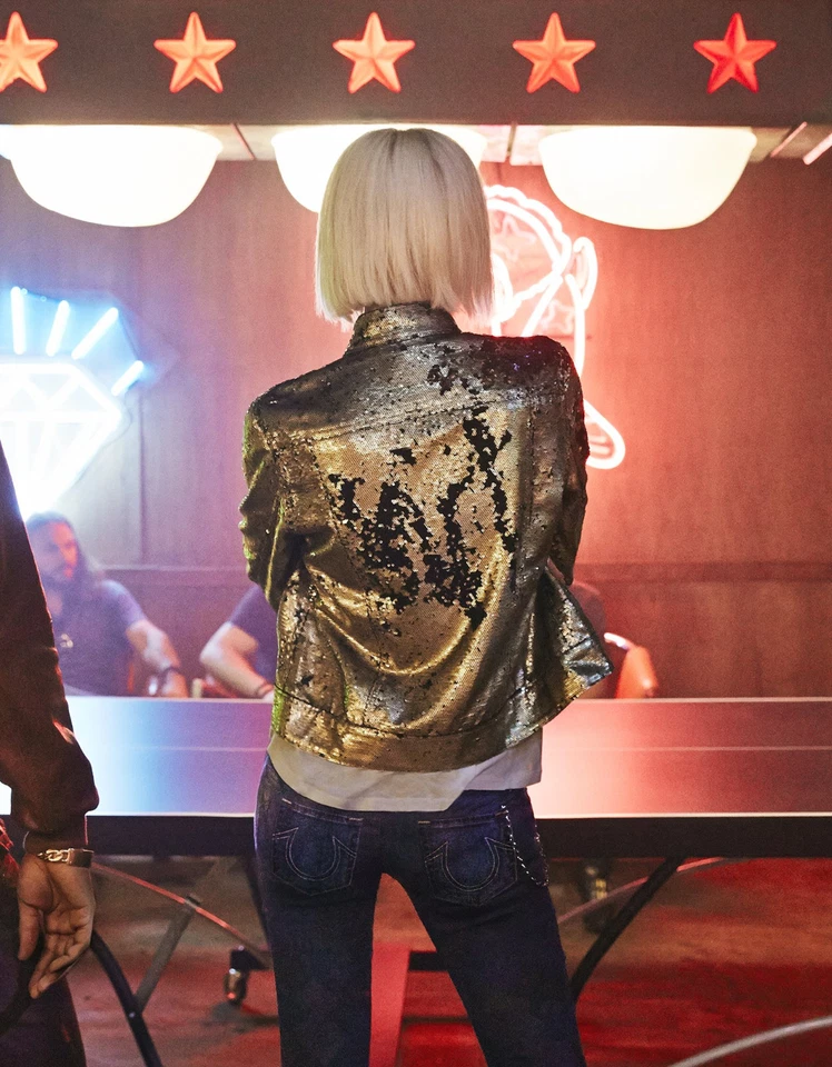 NEW TRUE RELIGION JEANS $398 BLACK & GOLD SEQUIN DUSTY JACKET SZ S SMALL - Image 2 of 4