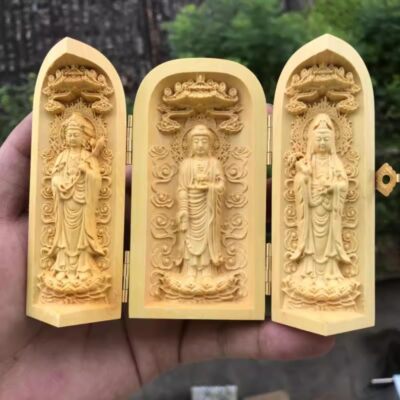 10cm Yellow Poplar Woodcarving Buddha Statue with Three Open Boxes Western
