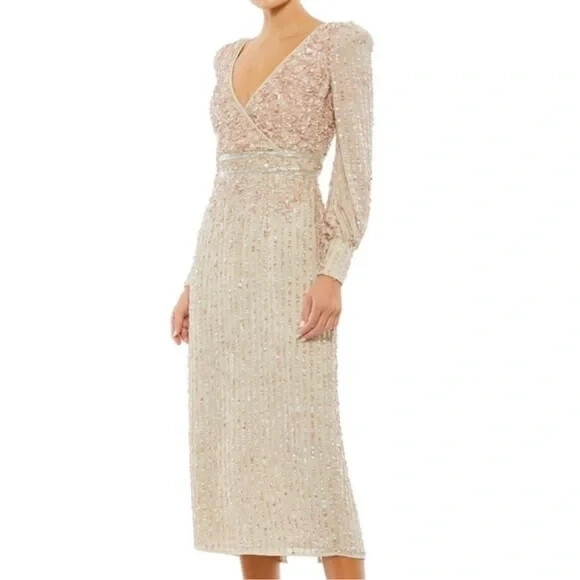 Mac Duggal Sequin V-Neck Bishop Sleeve Mini Dress Nude Sz 8 93593 $498 NEW