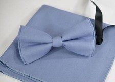 MENS Dusty Blue Cotton BOW TIE  POCKET SQUARE Hanky Handkerchief Wedding set