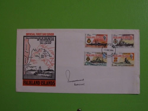 FALKLAND ISLANDS 1974 FDC BATTLE OF RIVER PLATE SIGNED ADMIRAL SANDY WOODWARD