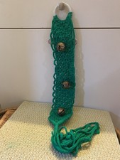 Vintage Christmas Macrame Door Hanger Jingle Bell Brass Green Handmade decor