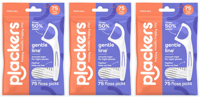 Plackers Fresh Mint Floss Picks 3 Pack 75ct Gentle Line Bundle