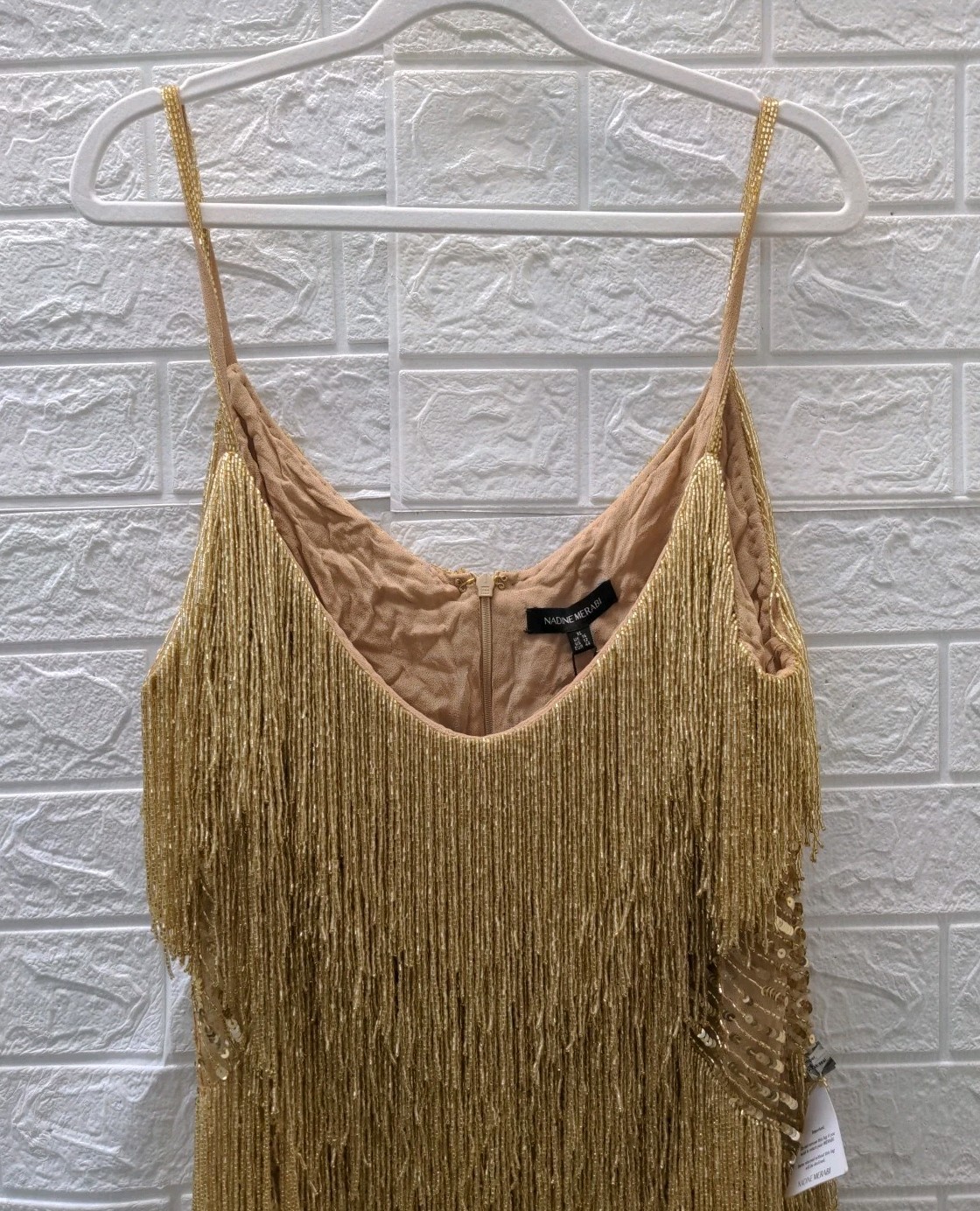 New Nadine Merabi Sadue Beaded Fringe Mini Dress Gold Size 12 image 2