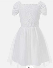 Girls Lace Bodice Mesh Tulle Dress White Square Neck Short Sleeve Sz 7-8