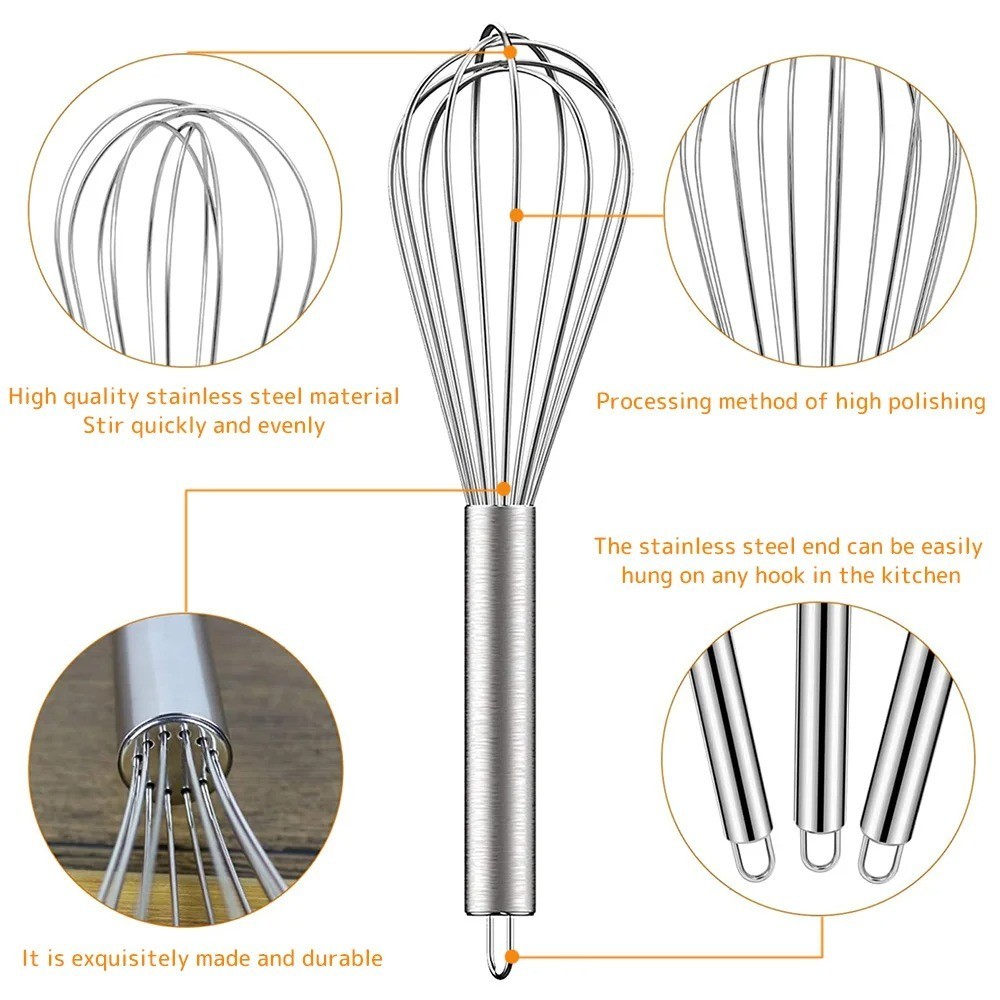 Set of 3 STAINLESS STEEL BALLOON WIRE WHISK SET WHIP MIX STIR BEAT 8/10/12 inch