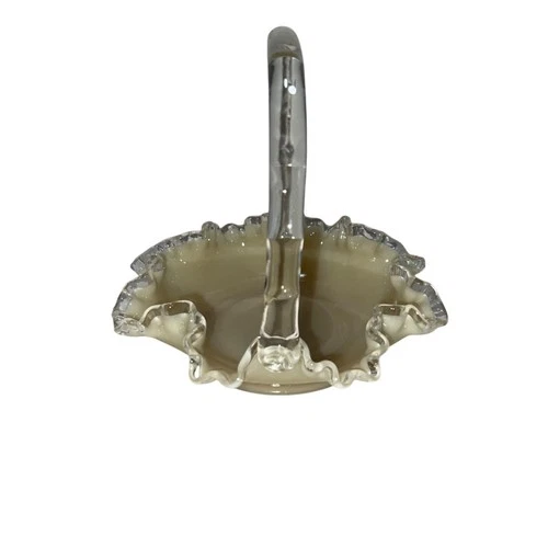 Vintage Fenton Tan Clear Crest Glass Basket with Bamboo Handle Sample