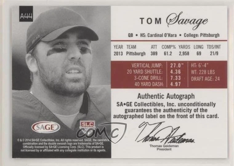 2014 SAGE Auto Football Silver /99 Tom Savage #A44 Rookie Auto RC - Image 2 of 2