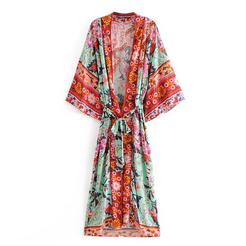 Happie Queens Green Peacock Print Bat Sleeve Kimono Robe v Neck Cover-Ups - Picture 10 of 17