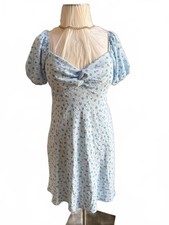 Light Blue Floral Puff Sleeve Dress with Front Knot Detail Size Large
