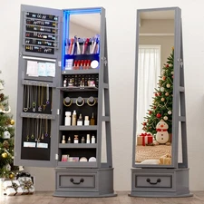 360° Swivel Jewelry Armoire with Full Length Mirror, 3-Color LED Light, Lockable