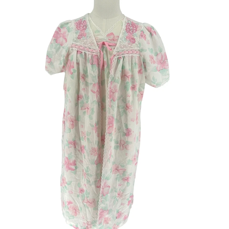 Conjunto de roupão camisola floral vintage Wms médio rosa verde acabamento de renda roupa de dormir Cottagecore - Imagem 2 de 4