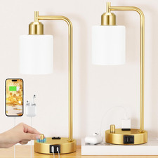 Dimmable Industrial Table Lamps Set of 2 with USB Ports and Glass Shade