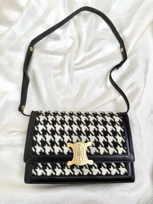 RARE Celine Vintage 1990s Herringbone Tweed Leather Triomphe 2Way Clutch Bag