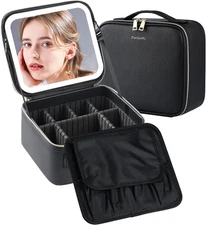 SJD Travel Makeup Bag with LED Mirror, Portable Cosmetic Case Organizer with Lig
