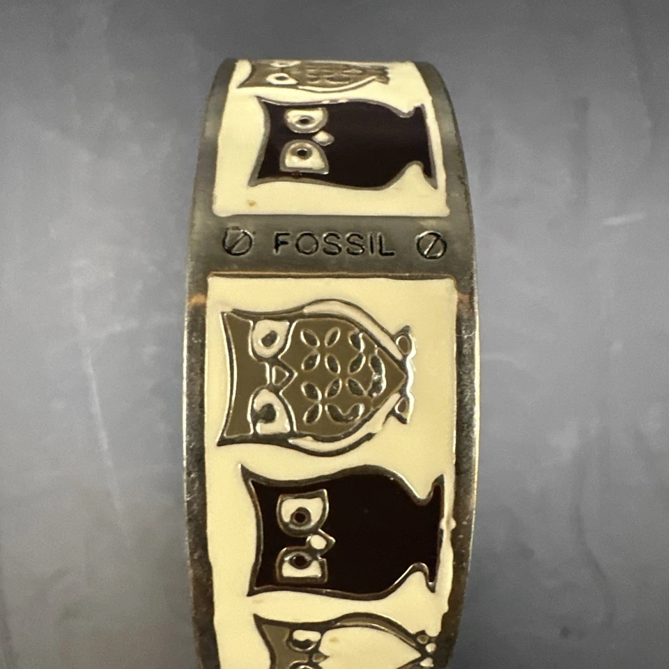 Brazalete Brazalete Ancho Esmalte Búho Fósil Vintage 90-2000 Tono Plata Retirado Difícil de Encontrar Foto 4 de 4