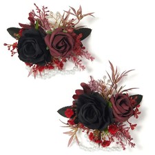 Set of 2 Black Burgundy Wrist Corsage for Wedding 6-7" Bridesmaid Flowers
