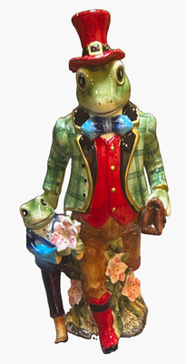 Porcelain Frog Gentleman Figurine with Top Hat, Child Companion and Flowers