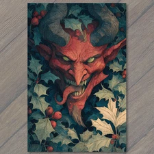 POSTCARD Krampus Red Devil Horns Holly Berries Evil Christmas Folklore Demon