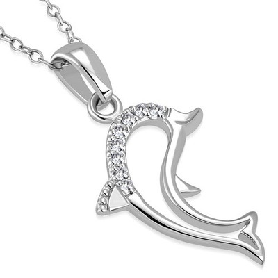925 Sterling Silver White Clear CZ Dolphin Pendant Necklace