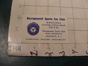 vintage NARRAGANSETT SPORTS CAR CLUB Card Cranston R.I.