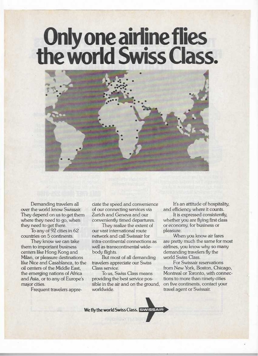 Swiss Air: We Fly The World Swiss Class 1979 Vintage Print Advertisement