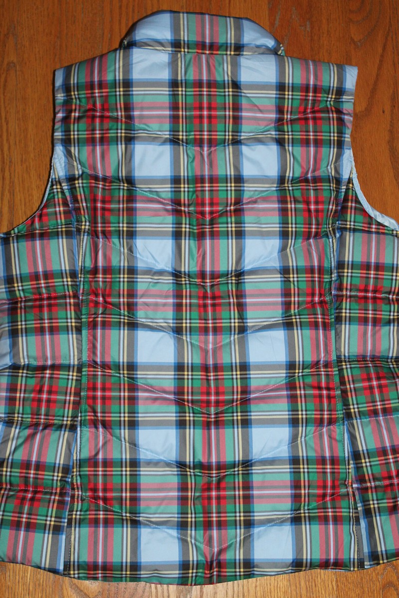 LANDS END Womens BLUE Red Green HOLIDAY Plaid VEST Jacket LARGE L