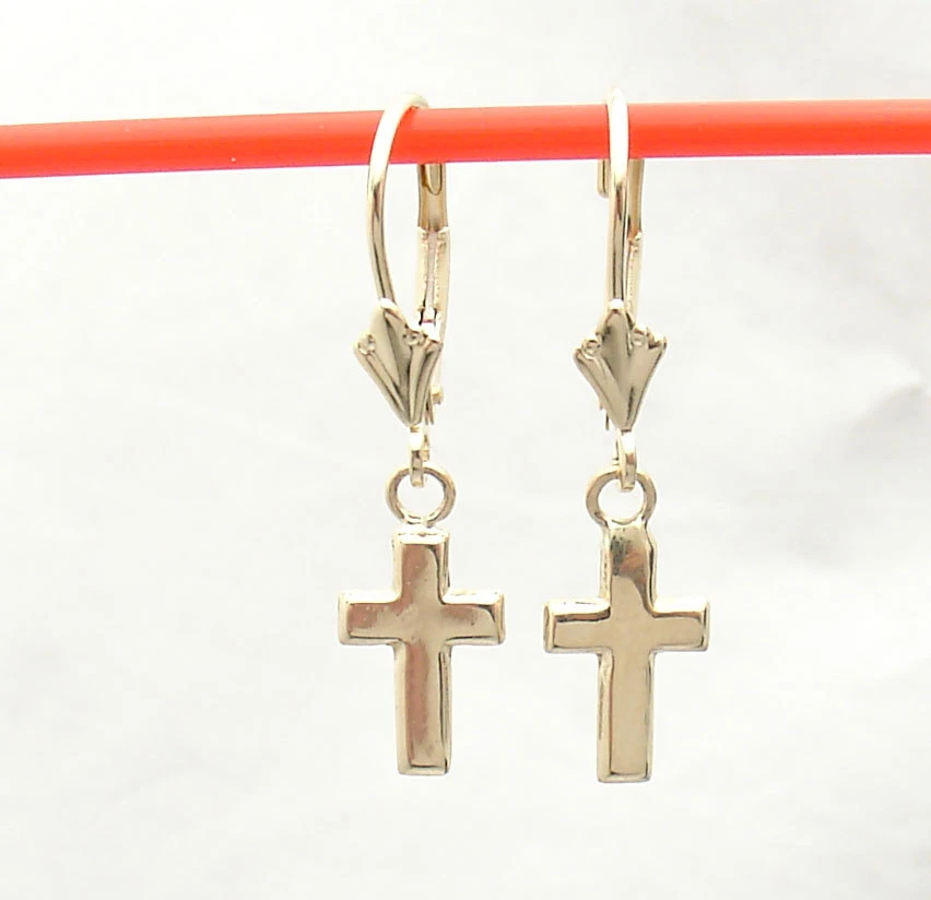 Полностью полированные висячие серьги-кресты с рычажной спинкой из настоящего желтого золота 10 карат - Изображение 2 из 3