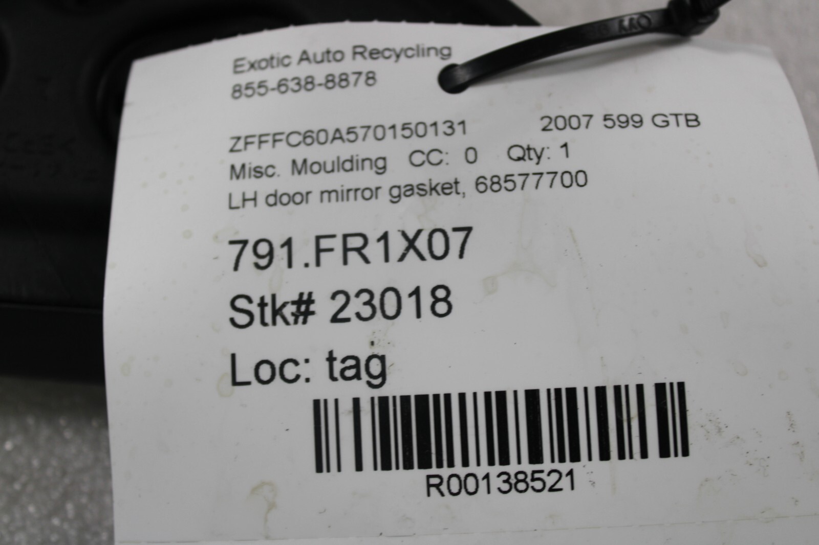 Ferrari 599 GTB, LH, Left, Door Mirror Gasket, Used, P/N 68577700