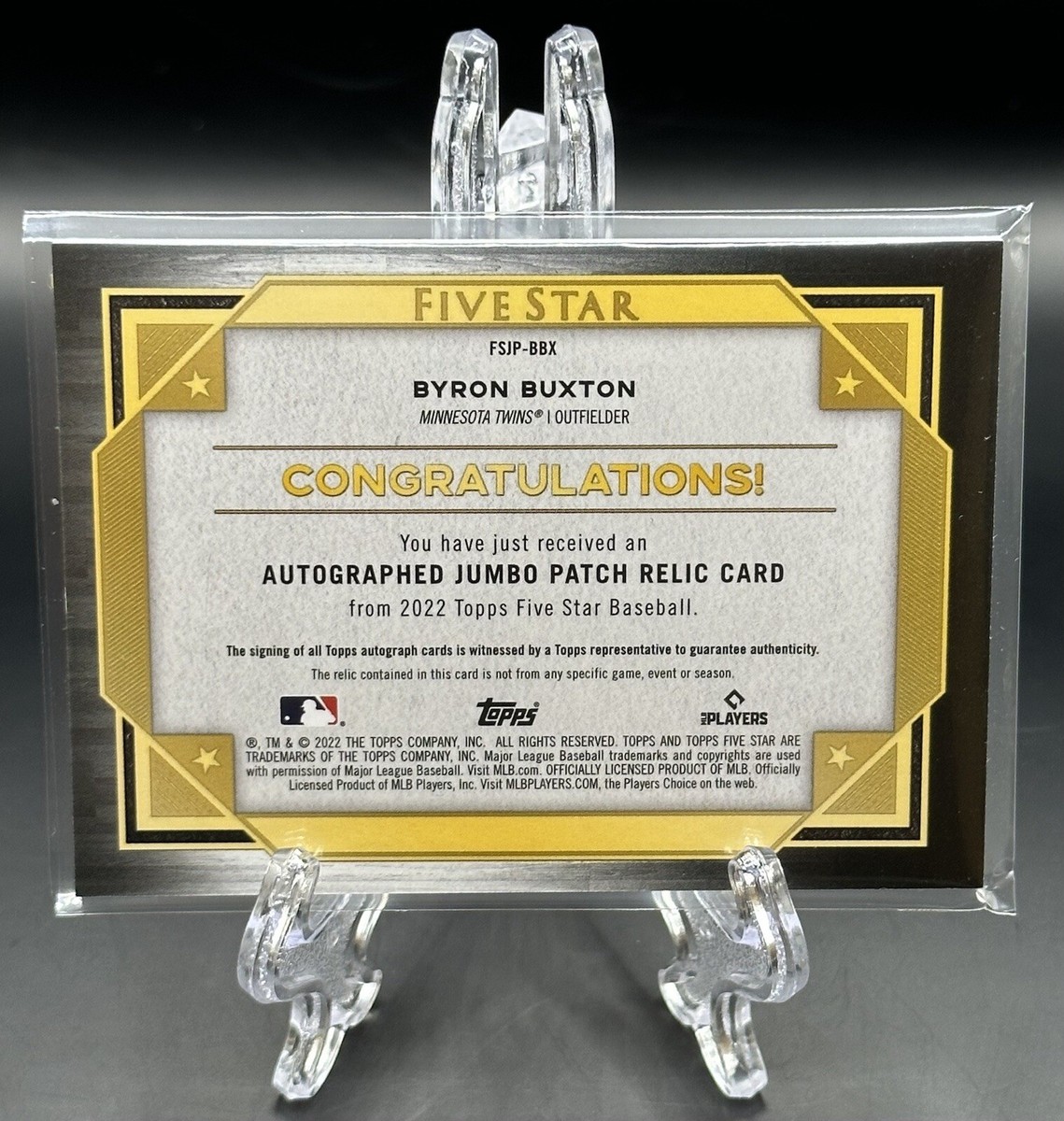 Byron Buxton 2022 Topps Five Star Game-Used Jumbo Jersey Patch On 