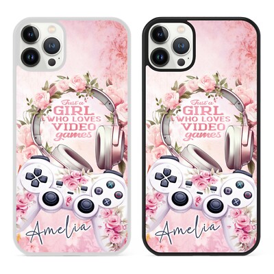 Personalisierte Handyhülle Gamer Girl rosa Rosen für iPhone individueller Name Geschenk