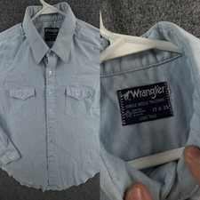 VTG Wrangler USA Made Blue 17 35 Button Up Shirt Point Single Needle Woven Adult
