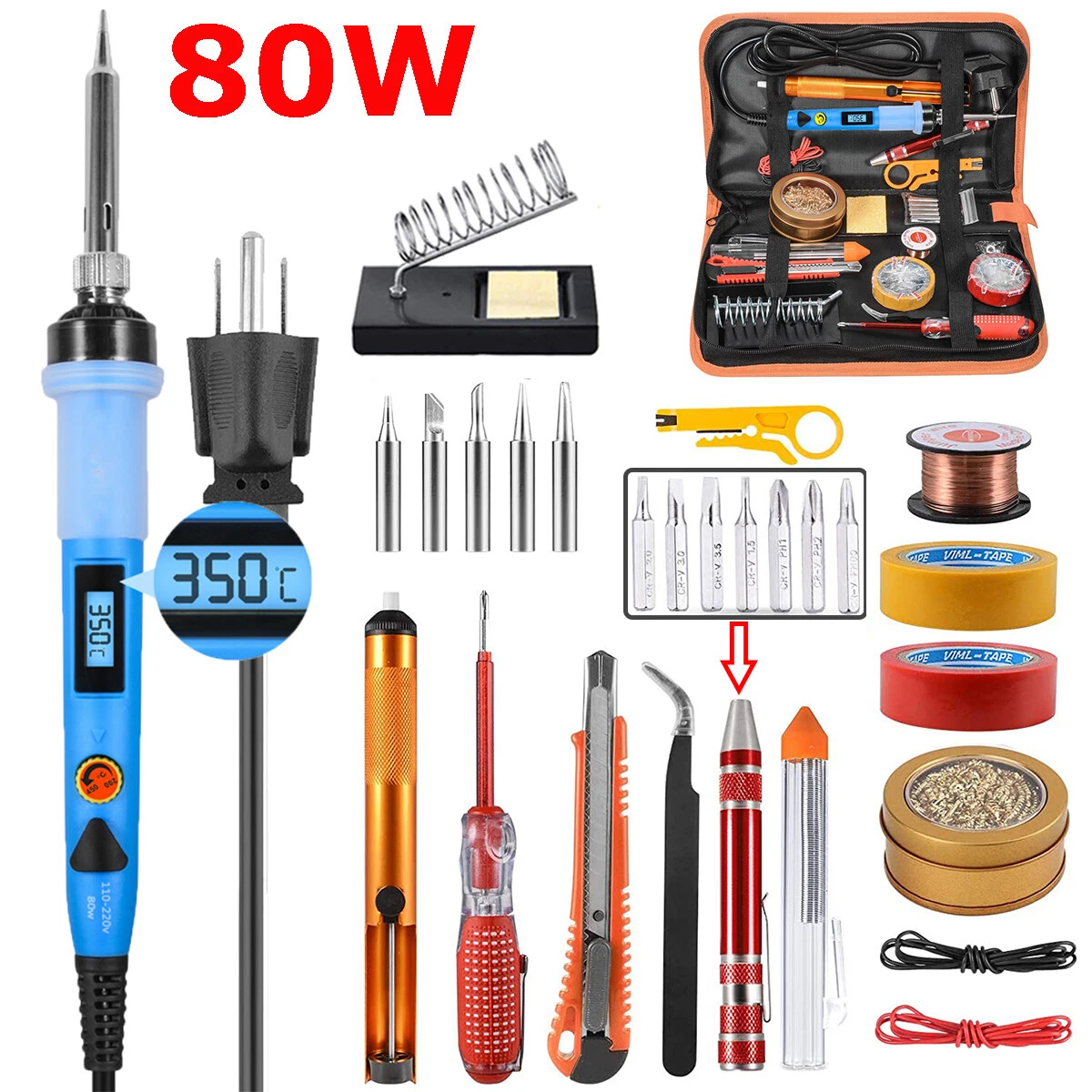 80W Soldering Iron Kit Welding Tool Solder Tip Cleaner Desoldering