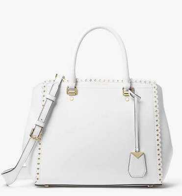  Michael Kors Benning LARGE Leather Satchel Optic White NWT    