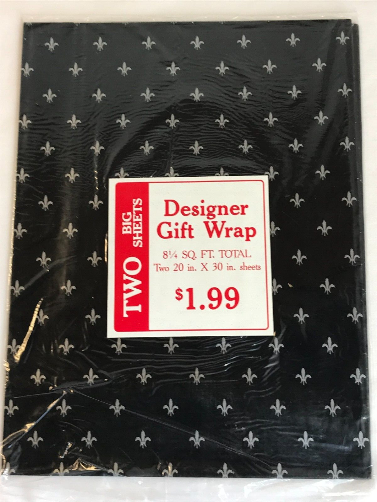 NOS 1980's Vtg Black Silver Foil Fleur De Lis   Gift Wrap Paper