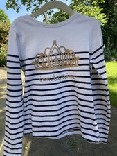 Verbaudet girls long sleeved white & blue striped top with gold crown.  8 Years 