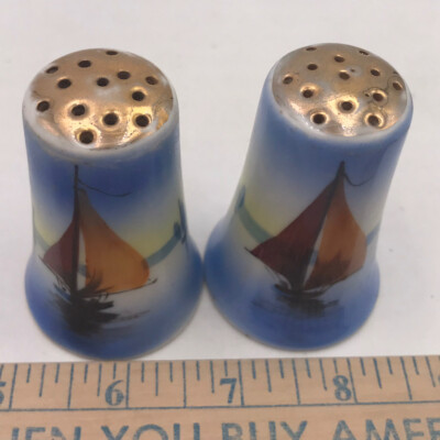 Sail Boats Salt & Pepper Shaker Set Japan Ceramic Scenic Blue Hand
