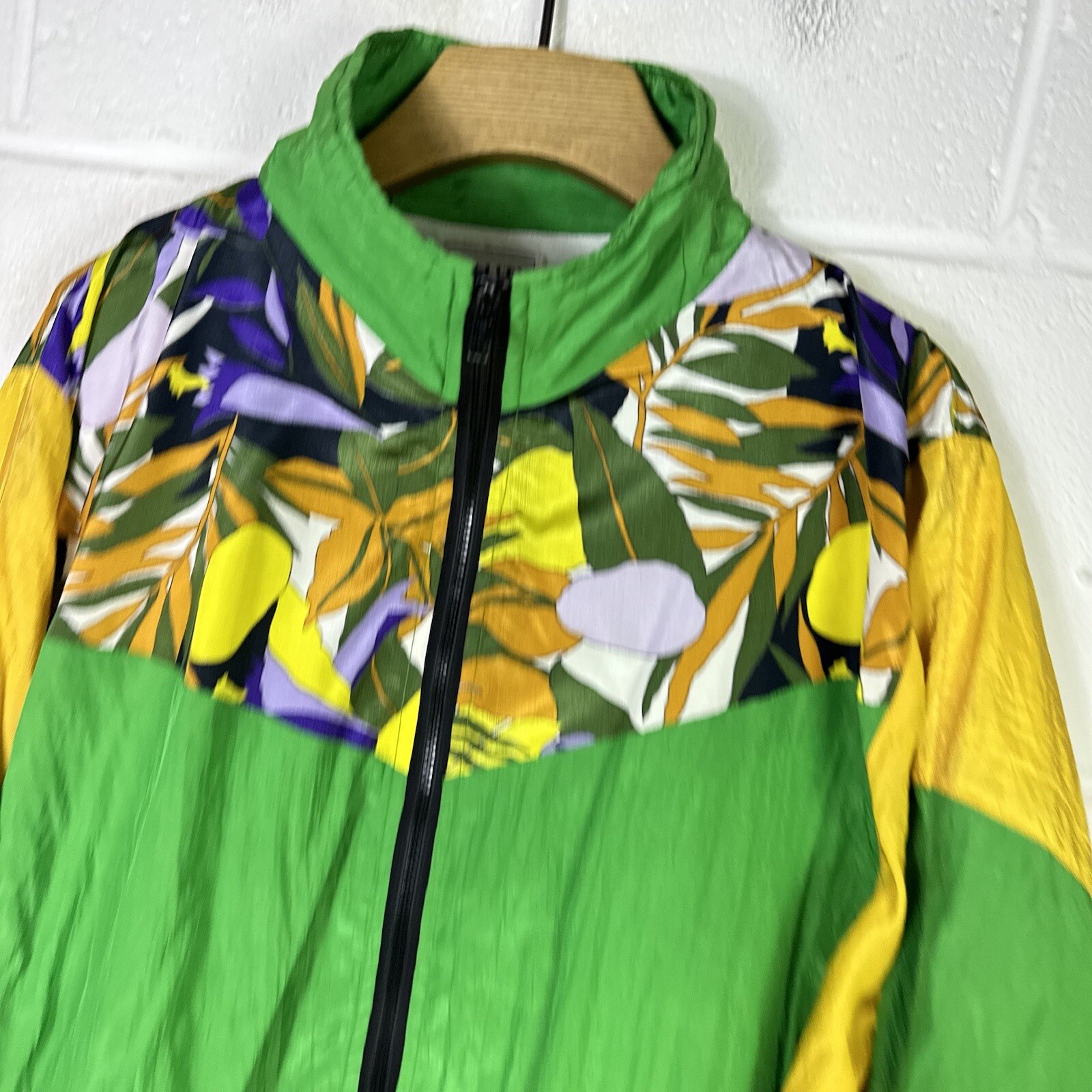 Vintage Track Jacket Womens Medium Green Yellow 90s Windbreaker Retro