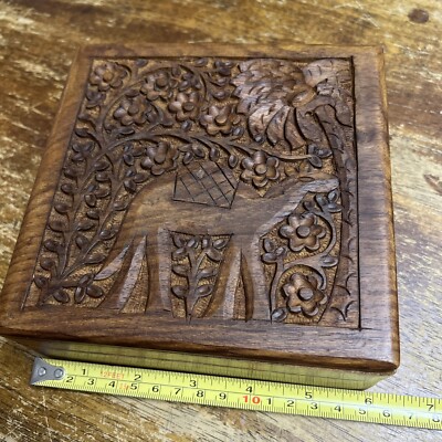 Wooden Engraved Carved Floral Camel Palm Tree Spice Trinket Box 6  Spell Witch